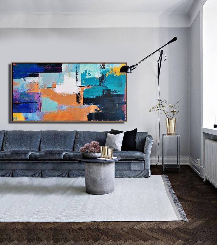 Huge Abstract Painting On Canvas,Horizontal Palette Knife Contemporary Art Panoramic Canvas Painting,Living Room Wall Art,White,Lake Blue,Blue,Black,Earthy Yellow.etc